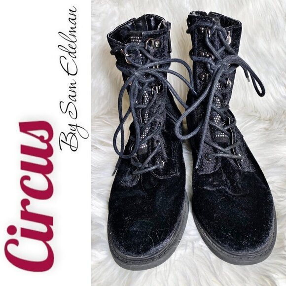 CIRCUS BY SAM EDELMAN Dawson Black Velvet Studded Combat Boot, Size 7 - Picture 2 of 9